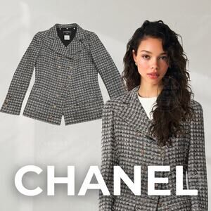 Chanel 05 Black White Plaid Tweed Sequin Jacket FR 40 | Gold Buttons Blazer Rare